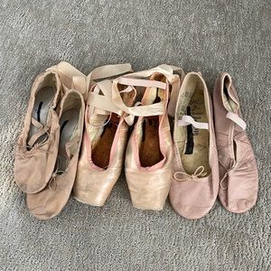 Well worn ballet shoes. Two ballet flats and one point. Size 8.5.